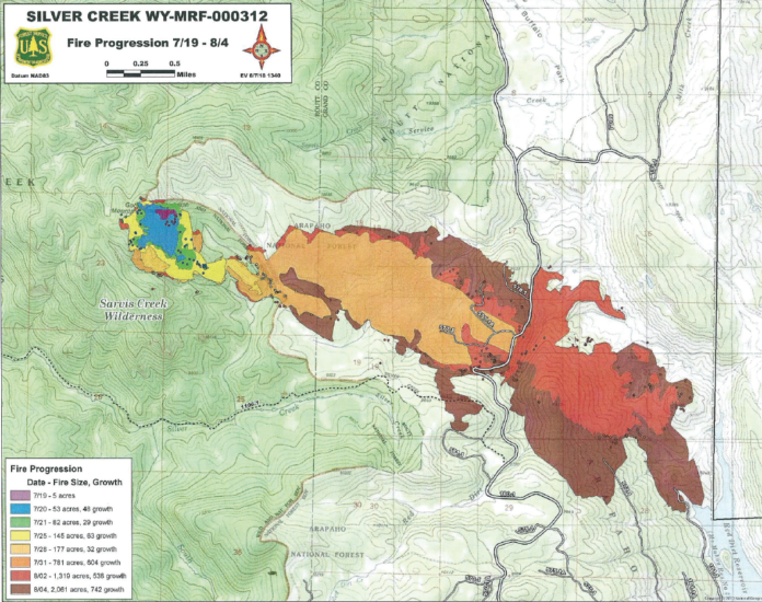 The map shows the growth of the fire since it began July 19. Residents of Old Park and surrounding areas have been put on alert and are in the 