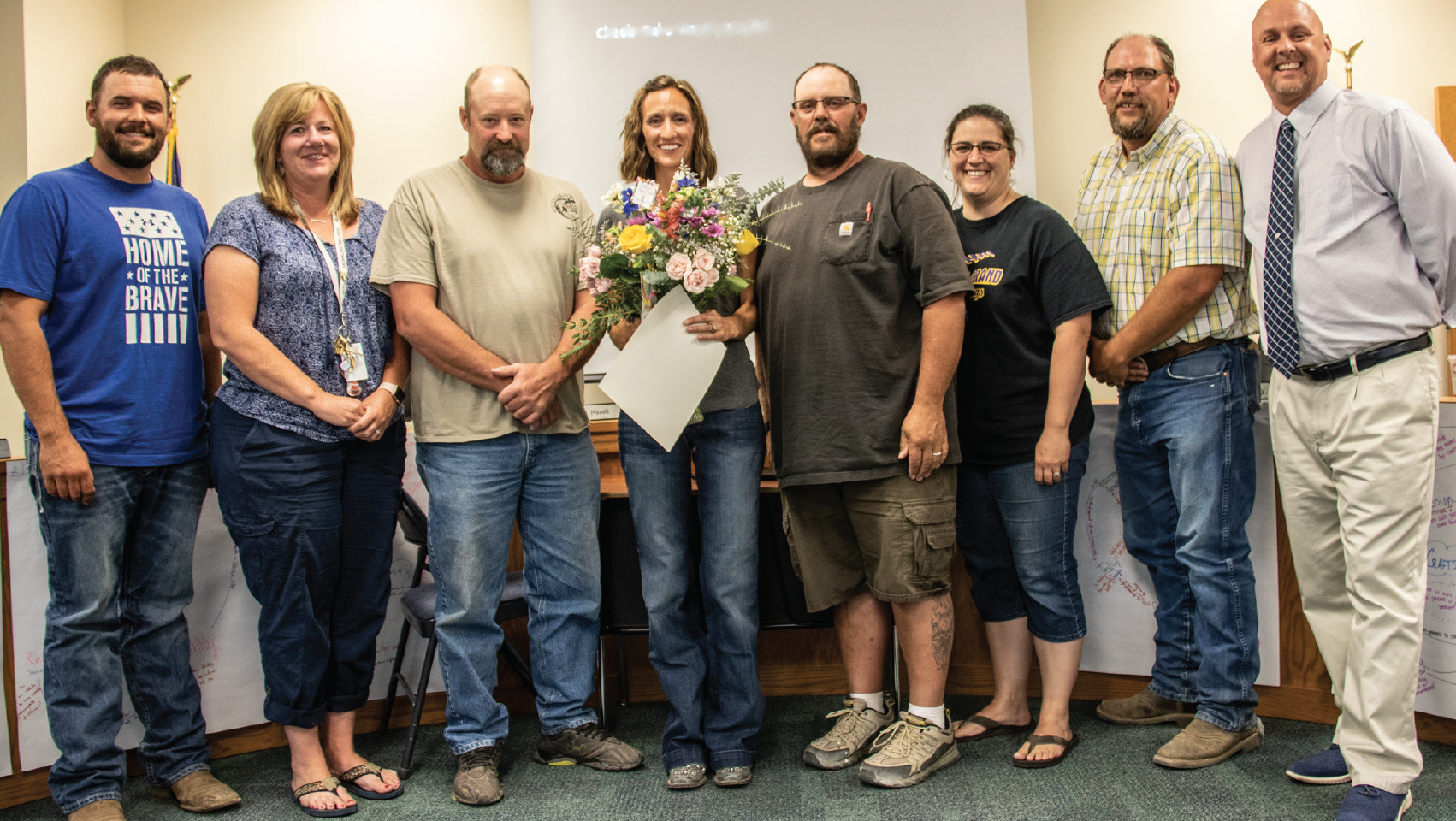 photo by Kim Cameron The West Grand School Board recognized Nellie Thomson at Tuesday's board meeting. (L to R) Mitch Lockhart, Michele DeSanti, Shorty Lemon, Nellie Thomson, Jeremy Bock, Jessica Smiley, Travis Hoesli and Superintendent Darrin Peppard.