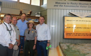 photo by Tara Walker Senator Bennet visited the Rocky Mountain National Park on August 8th. From left to right: Grand Lake Town Manager Jim White, Grand County Commissioner Merrit Linke, RMNP Superintendent Darla Sidles and Senator Michael Bennet.