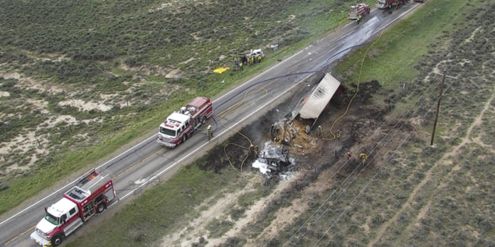 An aerial view of the semi crash from May 30. First responders were able to contain the blaze from the collision before it spread.