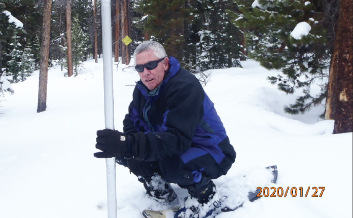 Mark Volt taking snow measurements on Gore Pass. This is Volt's 40th year of measuring snowsnow. Middle Park snow courses averaged 1. Middle Park snow courses averaged 112% of normal on Feb. 1 and jumped to 133%12% of normal on Feb. 1 and jumped to 133% after last week's snowstorm.after last week's snowstorm.