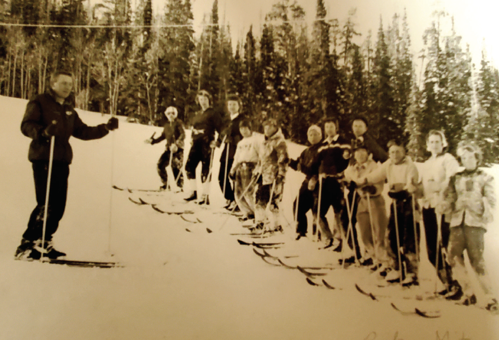 Mount Baker Ski Club, 1950s (L to R) Jack McElroy (instructor), Richard Steffen, Ruth Ritchard, Mary Ellen McElroy, Bob Browning, Pat Heeney, Larry Stronger, Miriam Taussig, Bob Sewart, Bobby Naylor, Dan McElroy, Therese McElroy, Linda Smith