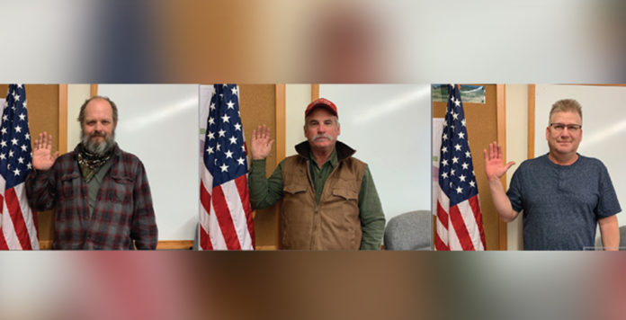 Recently-electeds, Jim Miller, Dave Sammons, and Jason Wikberg are sworn in Wednesday to serve as Trustees to the Kremmling Town Board. Miller will begin his ﬁrst term, while Sammons and Wikberg were re-elected.