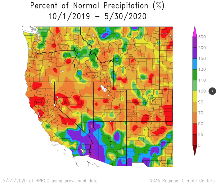 This precipitation map created by NOAA depicts precipitation as a percent of normal across the west. Looking at Colorado, it clearly shows how dry southwestern Colorado has been since Oct. 1, 2019 to May 31, 2020.