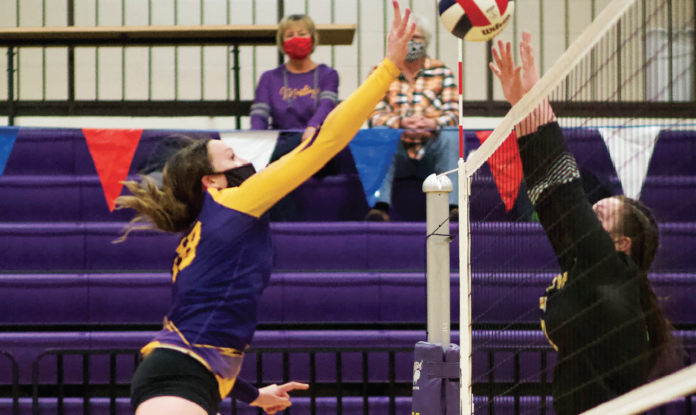 photo by Landon Williams | West Grand junior Maddy Probst gains air in the home volleyball game against the Meeker Cowboys on Friday, March 26.